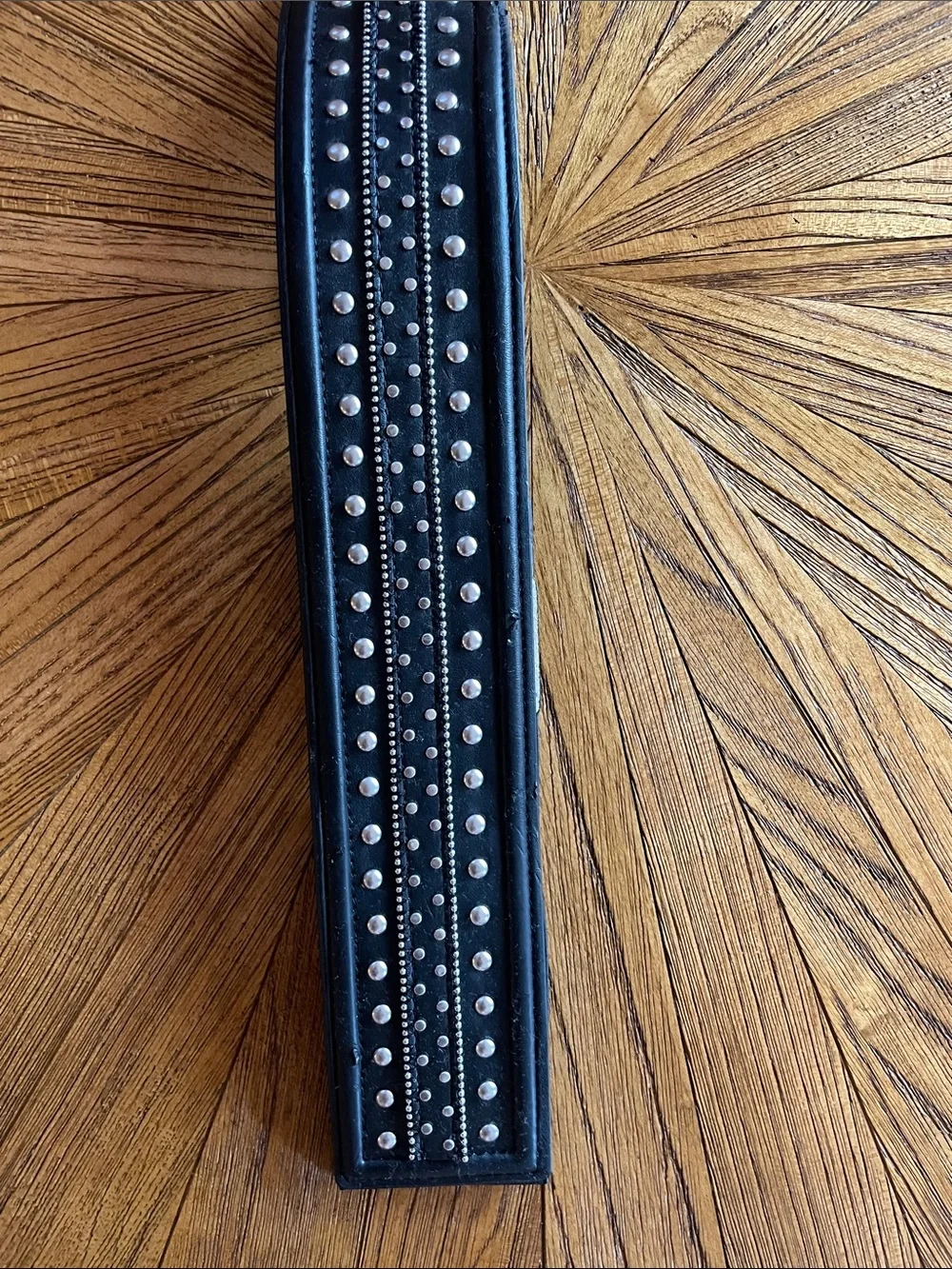 White House Black Market Black Leather Studded Belt with Silver Accents